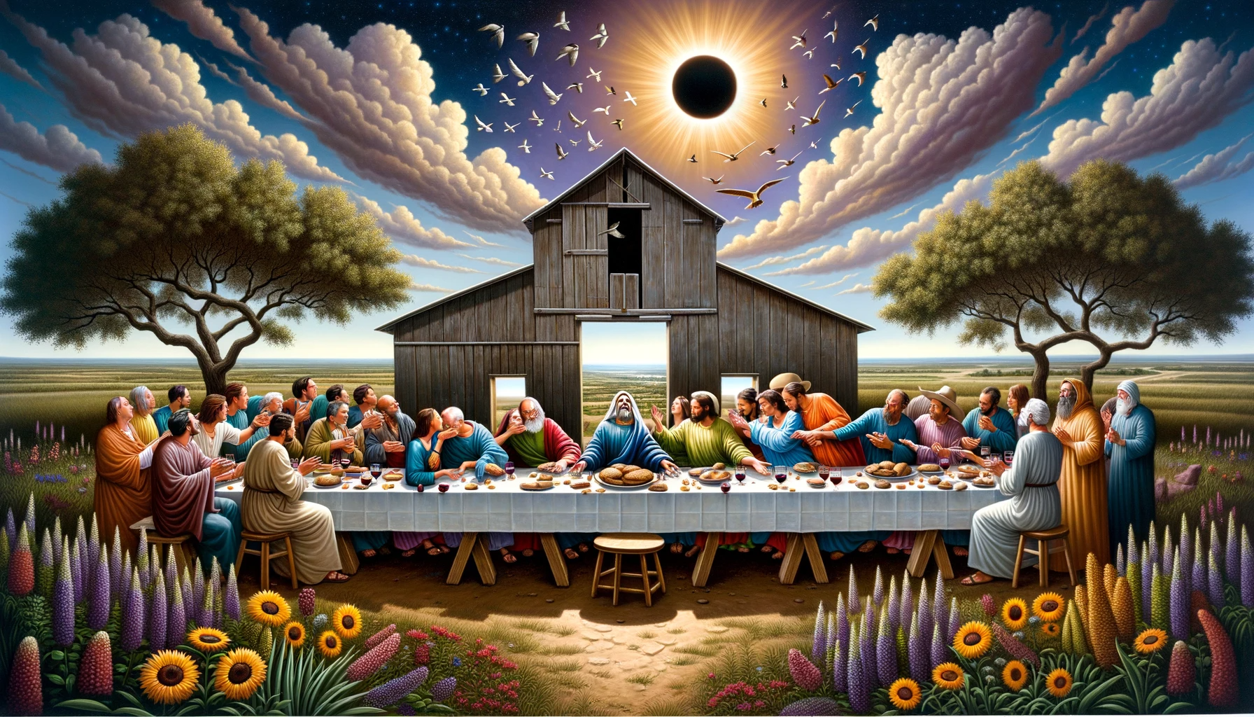 TX Last Supper Eclipse Colorful- Illustration of a last supper scene taking place under the vast Texas sky, with a Texas barn as a focal point in the background. A wooden table is fil