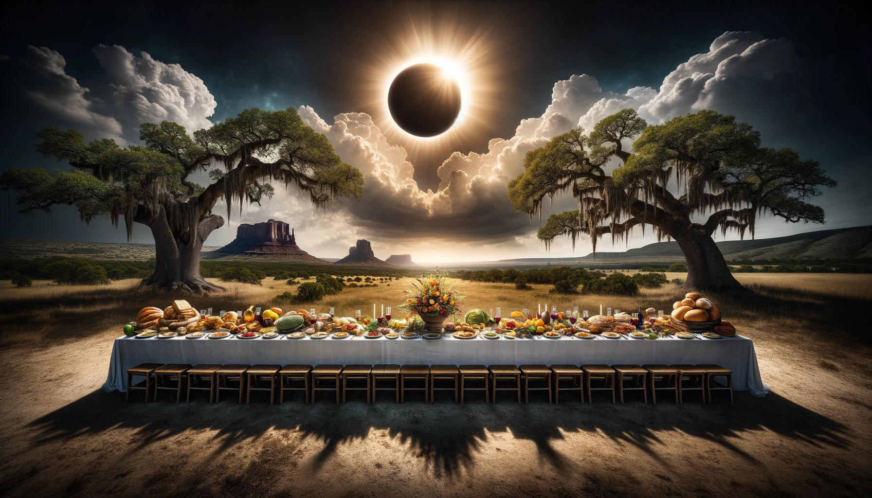 A website footer image depicting a last supper cornucopia in a Texas landscape under a total solar eclipse. The scene captures a long table laden with